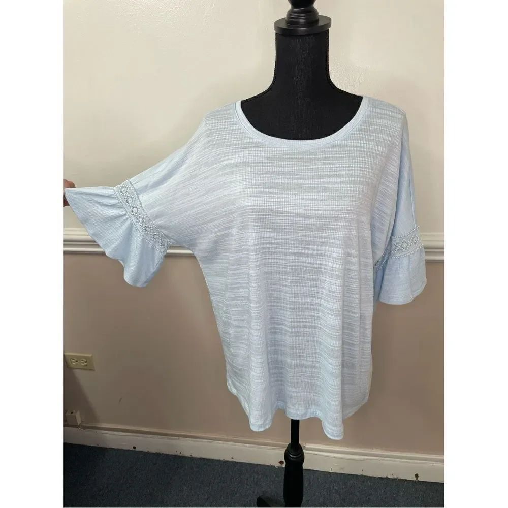 Ruby Rd. Light Blue Thin Short Sleeve Blouse with Bell Sleeves